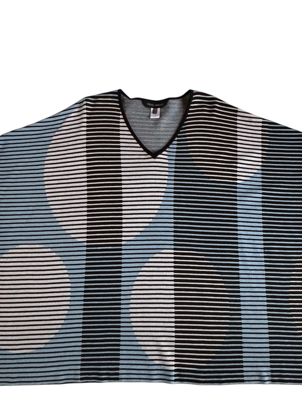 Ming Wang Textured Knit Poncho in Blue, Black & White Stripe